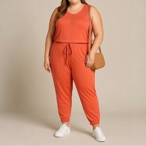 New Zenana Coral Orange Stretchy Jumpsuit Jogger Ankle Sleeveless Size 2X